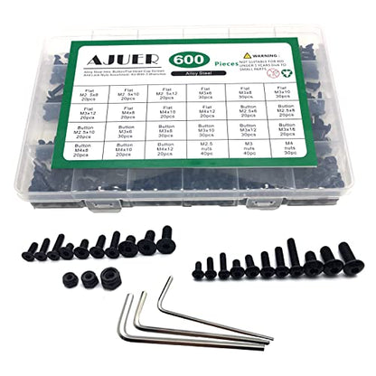 600pcs Metric Bolt Assortment M2.5 M3 M4 Alloy Steel Hex Button and Flat Head Cap Machine Screws and Lock Nuts RC Screw Kit Black Zinc Plating - size: black 600pcs hex buton haed