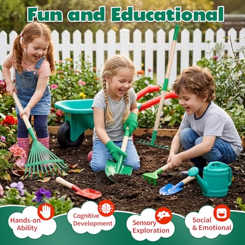 CUTE STONE Kids Gardening Set with Wheelbarrow, Kids Shovel and Rake Set - style: Dual-length