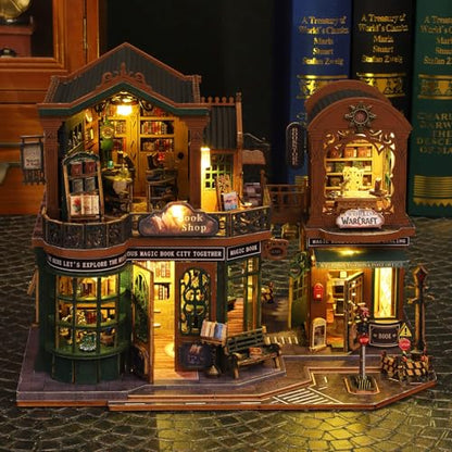 fifijoy DIY Dollhouse Miniature House Kit, Tiny House Kits Mini Doll House Model Building Sets, Wooden Miniature Kits for Adults (Magic Book City) - color: Magic Book City