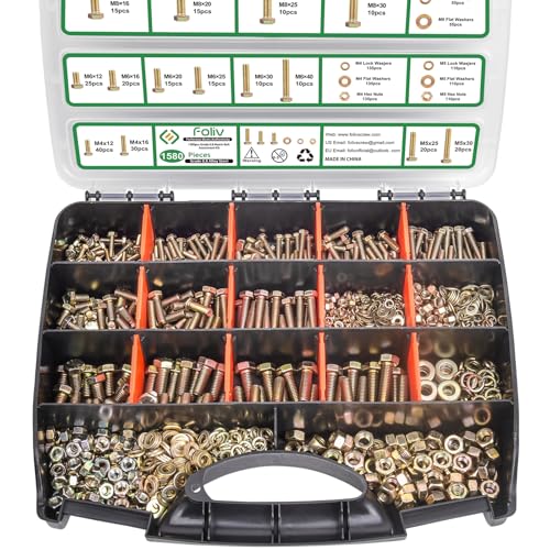 Foliv 1580pcs Metric Bolt Assortment, M4 M5 M6 M8 Nuts and Bolts Assortment Kit, Grade 8.8 Alloy Steel with Yellow Zinc Plated, Length from 12-30mm - size: 1580PCS M4 M5 M6 M8