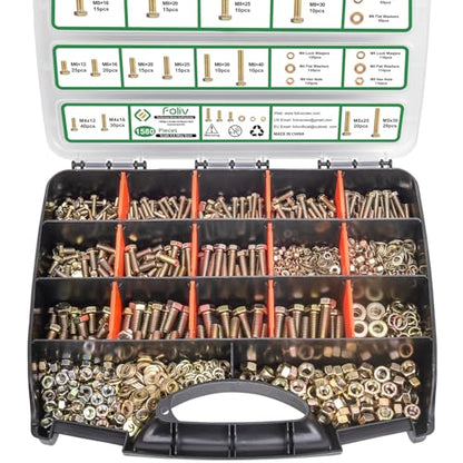Foliv 1580pcs Metric Bolt Assortment, M4 M5 M6 M8 Nuts and Bolts Assortment Kit, Grade 8.8 Alloy Steel with Yellow Zinc Plated, Length from 12-30mm - size: 1580PCS M4 M5 M6 M8