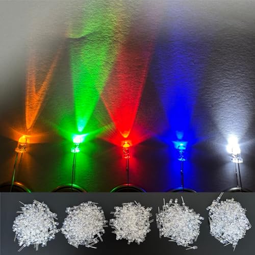 LED Kit 5MM LED Diodes, 1000 Pieces in 5 Colors: White, Red, Yellow, Green, Blue, 2-Pin Circular, Suitable for Christmas Light Replacement and Science Projects - size: 5mm transparent