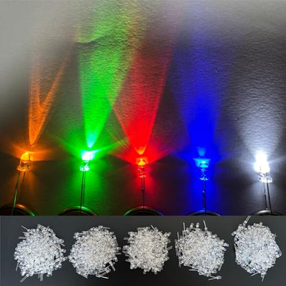 LED Kit 5MM LED Diodes, 1000 Pieces in 5 Colors: White, Red, Yellow, Green, Blue, 2-Pin Circular, Suitable for Christmas Light Replacement and Science Projects - size: 5mm transparent