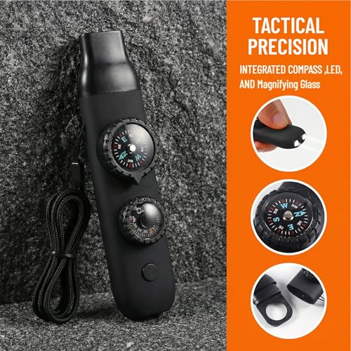 7-in-1 Emergency Survival Safety Whistle with Compass & Thermometer, High-Strength ABS Kids Whistle for Hiking, Camping, Boating, Kayaking, Loud Survival Gear with Lanyard & LED Signal Light