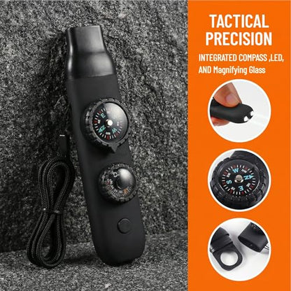 7-in-1 Emergency Survival Safety Whistle with Compass & Thermometer, High-Strength ABS Kids Whistle for Hiking, Camping, Boating, Kayaking, Loud Survival Gear with Lanyard & LED Signal Light