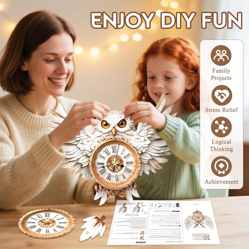 3D Puzzles for Adults Wooden Snowy Owl Clock Puzzle Adult Crafts - color: Snowy Owl Clock