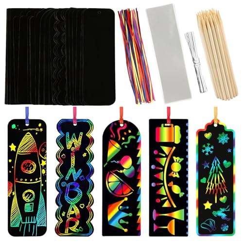 PEASUG Scratch Art for Kids, 40 Sets in 5 Styles Scratch Art Bookmarks