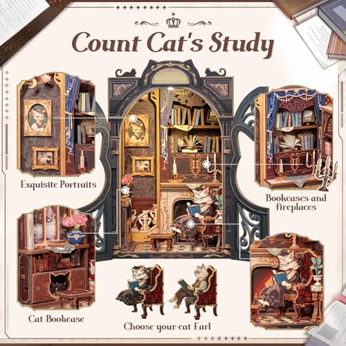 Book Nook Kit Count Cat's Study - 3D Wooden Puzzles with LED - color: Count Cat's Study