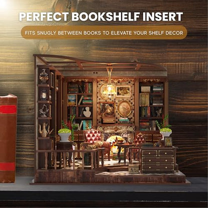 DIY Book Nook Kit LED 3D Wooden Puzzle — Aesthetic Miniature Bookshelf Insert Decor & Diorama Craft Building Kit for Adults, Teens & Home Library | Bookshelf Stand | (Left Bank Study)