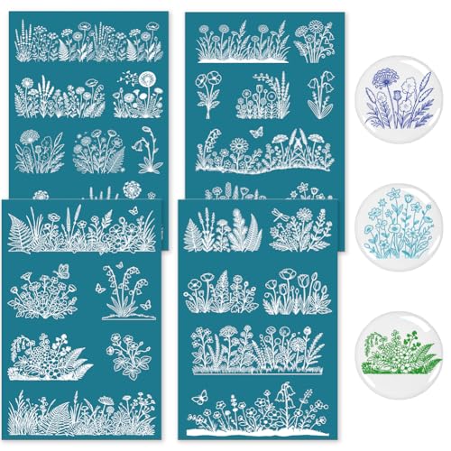 4Pcs 4 Styles Wildflower Silk Screen Stencil 3.9 x 6 Inch Polymer Clay Stencils Floral Plants Pattern Reusable Nylon Mesh Transfers for T-Shirt Clay Wood Fabric Jewelry Making DIY Crafts - color: Flower-1