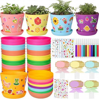 Funnymoom 48 Pcs DIY Flower Pot Craft Kit for Kids Plastic Paintable, Clean