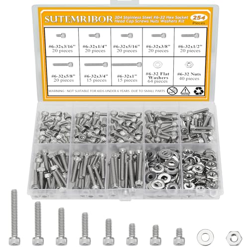 254 Pieces #6-32 x 3/16", 1/4", 5/16", 3/8", 1/2", 5/8", 3/4", 1", Hex Socket Head Cap Screws Nuts Washers Assortment Kit - size: #6-32, style: Socket Head
