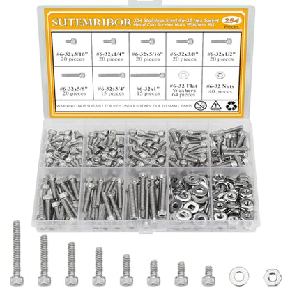 254 Pieces #6-32 x 3/16", 1/4", 5/16", 3/8", 1/2", 5/8", 3/4", 1", Hex Socket Head Cap Screws Nuts Washers Assortment Kit - size: #6-32, style: Socket Head