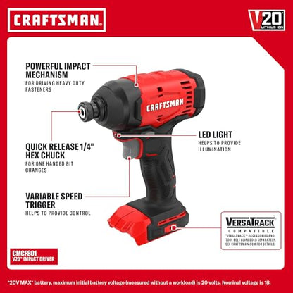 CRAFTSMAN V20 Cordless Drill Driver and Impact Driver, 2 x 2Ah Lithium Ion Battery and Charger, Two Power Tools, 1700 RPM 1/2 In. Electric Drill, 1800 Torque 1/4 Impact Screwdriver (CMCK201D2) - style: NEW 2 Tool Combo Kit