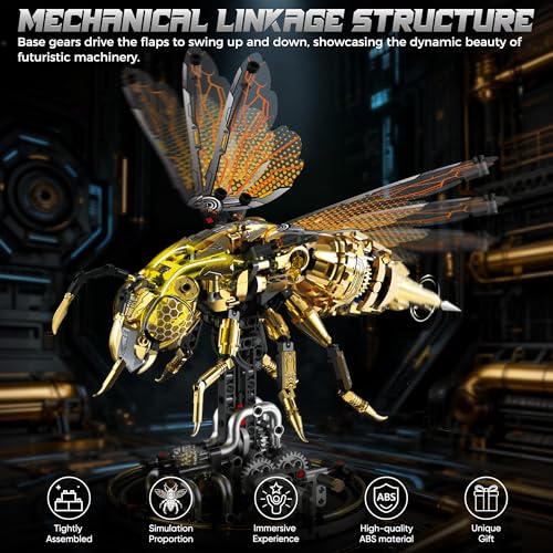 Mechanical Bee Building Blocks Kit for Adult, Technic Bee Buildings Set for Adults with LED Light & Display Stand, Robot Animal Building Toy with Moving Wings for Adults & Kids, 832Pcs