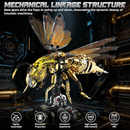 Mechanical Bee Building Blocks Kit for Adult, Technic Bee Buildings Set for Adults with LED Light & Display Stand, Robot Animal Building Toy with Moving Wings for Adults & Kids, 832Pcs