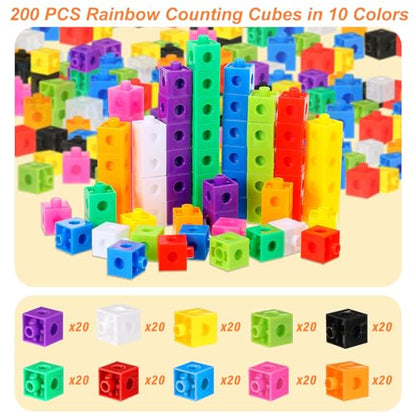 Jenaai 200 Pieces Linking Cubes for Math Counting Cubes, Plastic Counting Blocks, Colorful Math Manipulatives Classroom Learning Supplies for Preschool Activities Boy Girl(Classic Style) - style: Classic Style