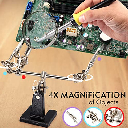 Ram-Pro Helping Hands Magnifier Glass Stand with Alligator Clips – 4X Magnifying Lens, Perfect for Soldering, Crafting & Inspecting Micro Objects - size: 4X Magnification - Without LED Light