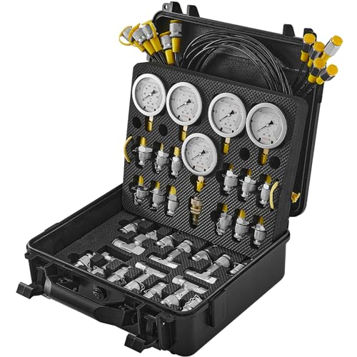 VEVOR Hydraulic Pressure Test Kit, 10/100/250/400/600bar, 5 Gauges 13 Test Couplings 14 Tee Connectors 5 Test Hoses, Hydraulic Gauge Kit with Sturdy Carrying Case, for Excavator Construction Machinery - style: 5 Gauges 13 Couplings