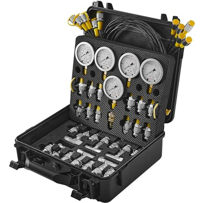 VEVOR Hydraulic Pressure Test Kit, 10/100/250/400/600bar, 5 Gauges 13 Test Couplings 14 Tee Connectors 5 Test Hoses, Hydraulic Gauge Kit with Sturdy Carrying Case, for Excavator Construction Machinery - style: 5 Gauges 13 Couplings