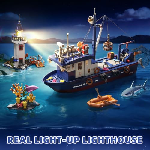 Fishing Boat & Light-Up Lighthouse Building Set, Compatible with LEGO Boat 777 PCS Sea Fishing Building Kit with Gear-Controlled Net, Rescue Dinghy and Coral Reef, Ocean Gift for Kids and Teens