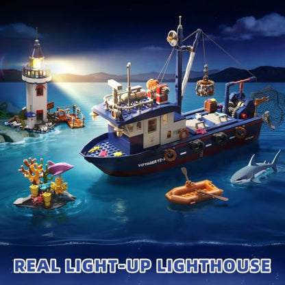 Fishing Boat & Light-Up Lighthouse Building Set, Compatible with LEGO Boat 777 PCS Sea Fishing Building Kit with Gear-Controlled Net, Rescue Dinghy and Coral Reef, Ocean Gift for Kids and Teens