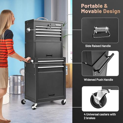 Goplus 6 Drawers Tool Chest, Rolling Metal Tool Box with Universal Wheels, Protective Liner, Detachable Top Toolbox, Auto Lock, 3-in-1 Large Tool Cabinet for Garage Shop Auto Repair - color: Black, style: Large 6 Drawers