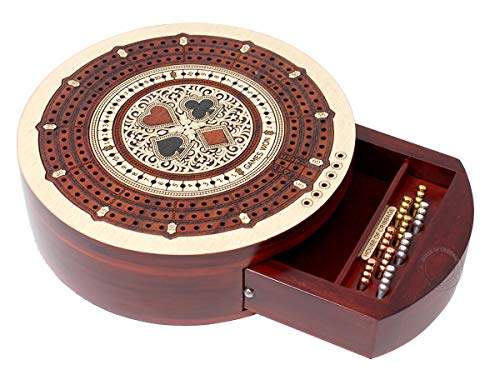 House of Cribbage - Round Shape 3 Track Non-Continuous Cribbage Board - Push Drawer Storage for Pegs and 1 Deck of Cards with Score Marking Fields for Won Games (Maple Wood/Bloodwood) - color: Maple Wood / Bloodwood