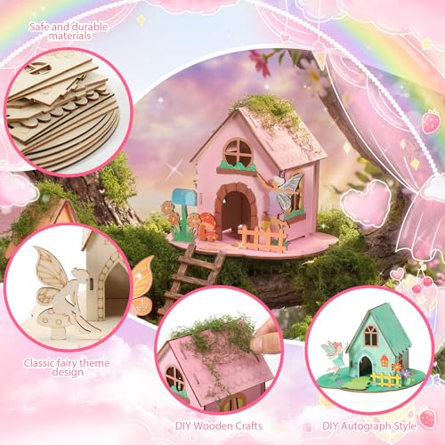 DoubleFill Wooden Fairy House Craft Kit with Paints, 18 Sets, Cute Tall - style: Cute Tall