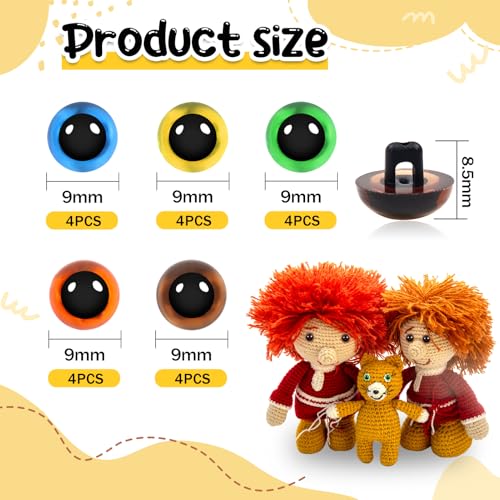 TOAOB 20pcs Sew On Safety Eyes Buttons 9mm 5 Colors Plastic Mushroom Domed Sewing Crafting Eyes for DIY Stuffed Animals Amigurumis Crochet Doll Making - size: 9mm