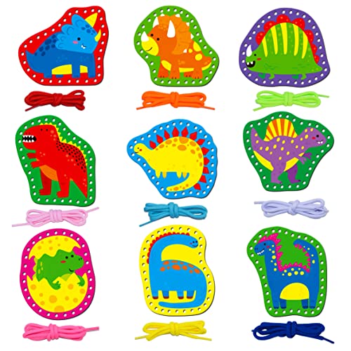 SpriteGru 9 Pieces Kids Lacing Cards, Double Sided Sewing Cards in 9 Dinosaurs with 9 Colorful Laces, Imagination Development Lacing Toys Games for Children Educational and Learning Activity - color: Dinosaurs