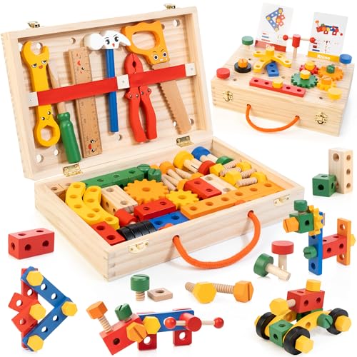 WOOOMAM Kids Tool Set, 90 PCS Wooden Toddler Tool Set with Box and Flash Cards, Tool Kit for Kids Age 3-5 Years, Toddler Boy Toys, FSC Certified Material - style: Deluxet