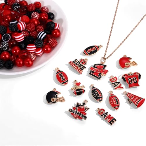2200PCS+ Game Day Beads Charms for Bracelet Making Polymer Clay Beads Crystal Pearl Letter Gold Spacer Beads Football Charms for Game Day Bracelet Necklace Making DIY Crafts - color: Red Black