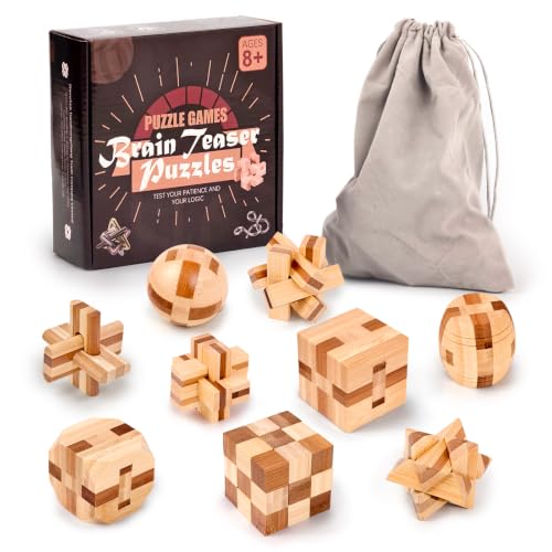 VolksRose 9pcs Wooden Brain Teaser Puzzles, IQ Challenge Puzzle Games, Logic Smart Mind Puzzle Box Lock Toy Removing Assembling 3D Small Puzzle Gift Set for Adults Teenagers Kids, 1.8inch 4.5cm - color: A-9pcs-4.5cm