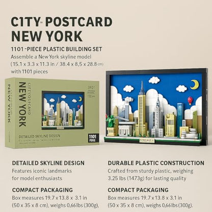 New York City Skyline Building Block Set – 1101 Pieces City Postcard Model Kit, 15.1 x 3.3 x 11.3 in, for Adults & Kids, NYC Landmark-Inspired Display for Home or Office