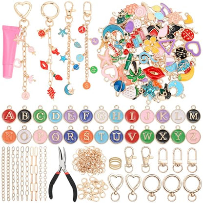 selizo 198Pcs Charms Lip Gloss Keychain Making Kit, DIY Craft Supplies with Charms, Key Chain Hooks, Jump Rings, Lobster Clasps, Chains & Tools, Jewelry Making Kit for Custom Keychains, Bags, Gifts - color: Gold-198Pcs Kit