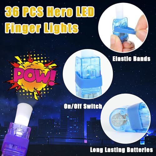 CHUNNIN 36 Pcs Hero LED Finger Lights Glow in Dark Super Party Favors - style: Hero
