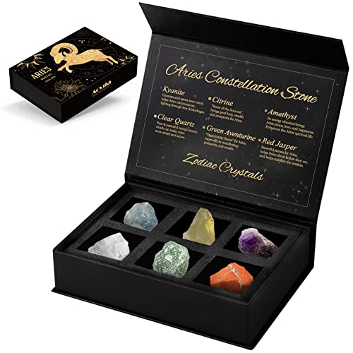 Aries Crystals Gift Set, Zodiac Signs Healing Crystals Birthstones with Horoscope Box Set Aries Astrology Crystals Healing Stones Gifts - color: Aries