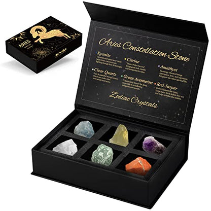 Aries Crystals Gift Set, Zodiac Signs Healing Crystals Birthstones with Horoscope Box Set Aries Astrology Crystals Healing Stones Gifts - color: Aries