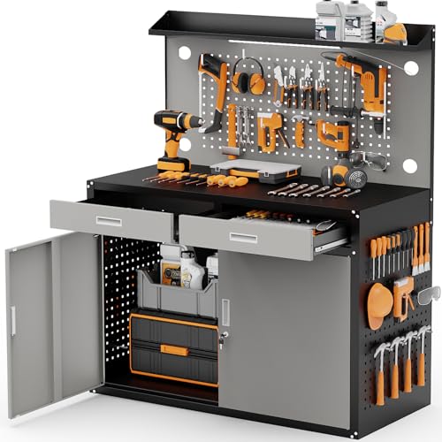 65" Heavy Duty Garage Workbench with Storage Drawers & Pegboard,2000lbs Capacity Metal Work Bench with Lockable Magnetic Cabinets,Adjustable LED Light for Workshop/Garage