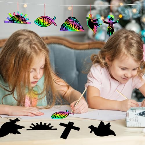 JULMELON 36Pcs Religious Easter Crafts for Kids, Rainbow Scratch Art - style: Religious Easter Crafts