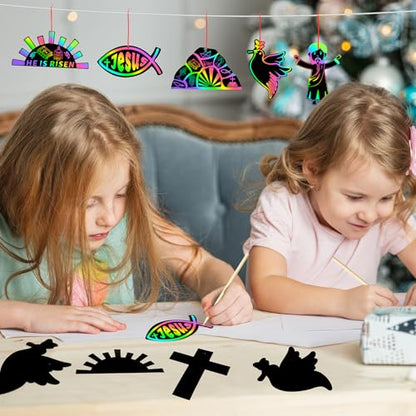 JULMELON 36Pcs Religious Easter Crafts for Kids, Rainbow Scratch Art - style: Religious Easter Crafts