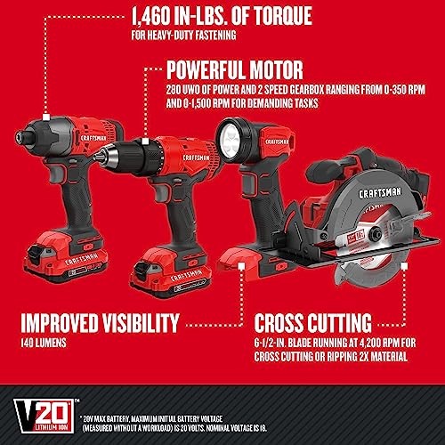 CRAFTSMAN V20 MAX Cordless Power Tool Kit, Circular Saw with 6 1/2 inch Blade, 1/4 inch Impact Driver, 1/2 inch Drill/Driver, LED Task Light, Battery and Charger Included (CMCK401D2AM)