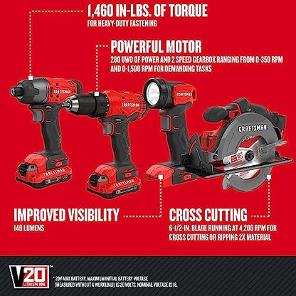 CRAFTSMAN V20 MAX Cordless Power Tool Kit, Circular Saw with 6 1/2 inch Blade, 1/4 inch Impact Driver, 1/2 inch Drill/Driver, LED Task Light, Battery and Charger Included (CMCK401D2AM)