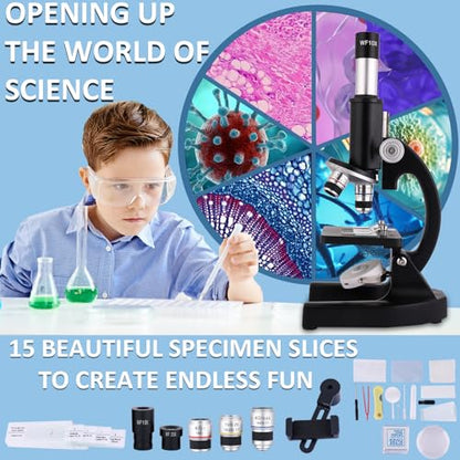 Microscope for Kids & Adults,40X-2000X Microscope with Phone Adapter & Slides Set,Suitable for Students School Lab and Home Education - color: black