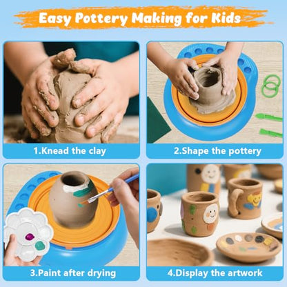 Pottery Wheel for Kids with Air Dry Clay Kit, 12 Paints & Tools, Ages 6-12 - color: yellow/blue