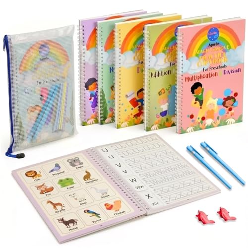 Large Magic Handwriting Practice Copybook, Grooved Handwriting Practice for Kids 3-8, Toddler Writing Practice, Math Calligraphy, Letter Tracing, for Preschool, The Beginner Kit - style: The Beginner Kit