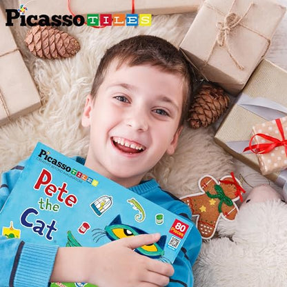PicassoTiles Pete The Cat 80pc Magnetic Board Game Puzzle Playset Reusable Mix & Match Cartoon Toy with Storytelling, STEM Learning Activity Book and Storage Educational Kids Toys for Ages 3+ PTC02 - style: Pete the Cat Board