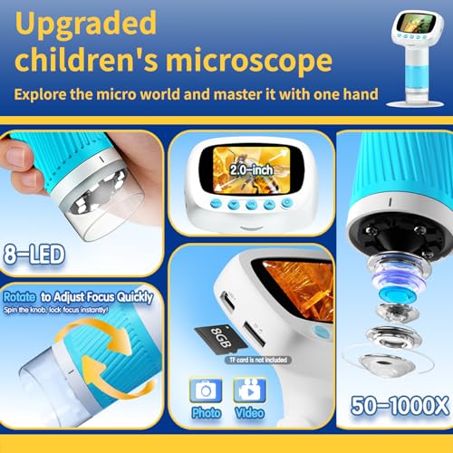 Microscope for Kids & Video Camera, Kid Science Toys，Handheld Digital Microscope，STEM Educational Toy for Wonder Quest，Magnifying Glass for Bugs，Birthday for Boys and Girls (Light Blue) (Blue)