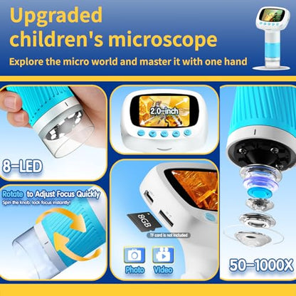 Microscope for Kids & Video Camera, Kid Science Toys，Handheld Digital Microscope，STEM Educational Toy for Wonder Quest，Magnifying Glass for Bugs，Birthday for Boys and Girls (Light Blue) (Blue)